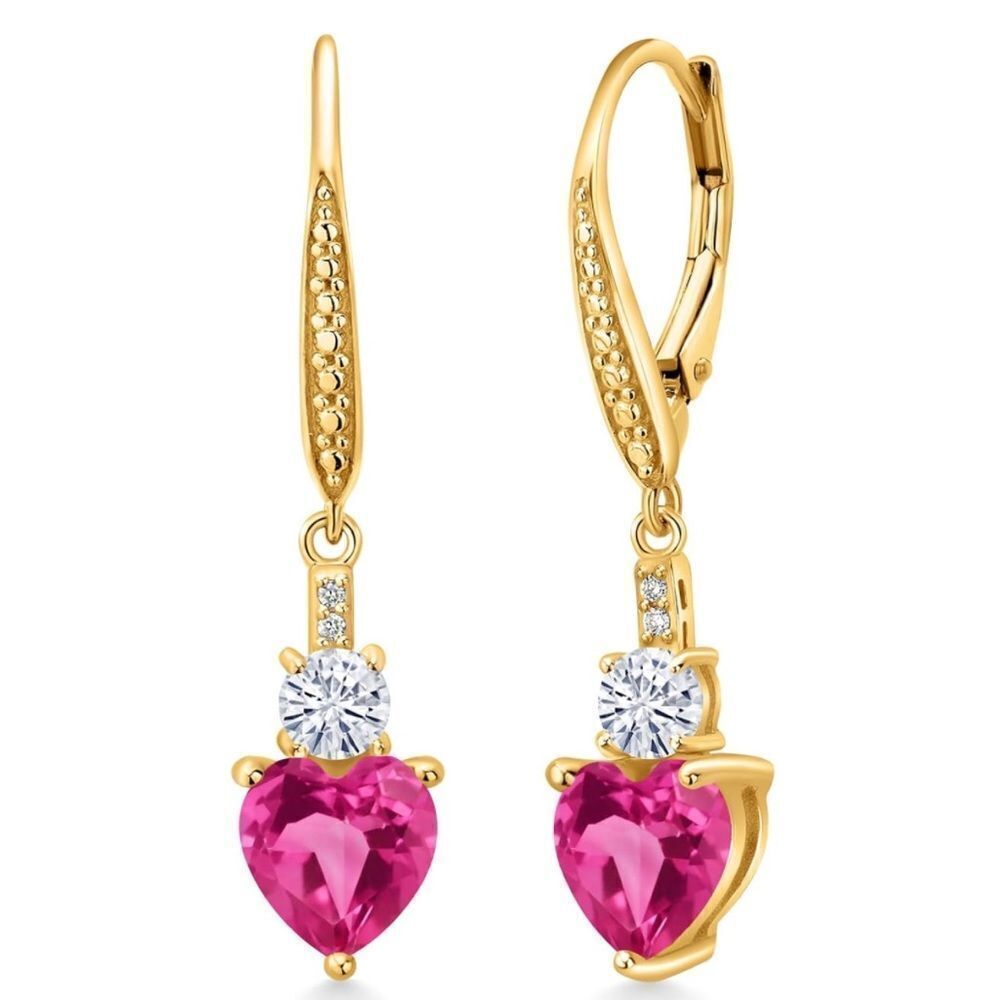 18K Yellow Gold with 3.29 Cttw Pink Sapphire and Moissanite Heart Drop Earrings